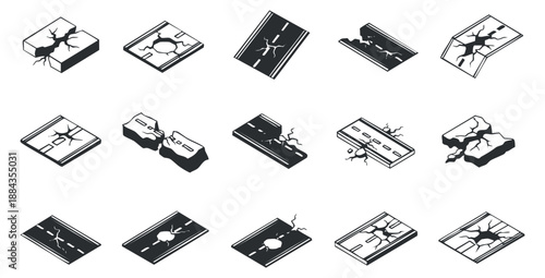 A collection of cracked pavement and road illustrations in black and white outline vector style, suitable for urban design projects