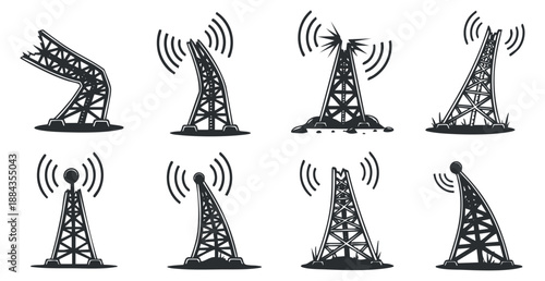 A collection of various radio tower icons in black outline vector style, suitable for technology and communication design projects