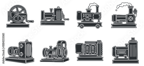 A collection of vintage steam engines and mechanical machines in black and white vector style, ideal for industrial design projects