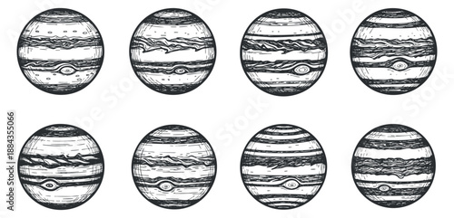 A set of eight Jupiter planet illustrations in black and white outline vector style, ideal for educational and astronomical designs