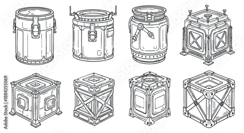 A set of various storage containers, including barrels and crates, in outline vector style, ideal for industrial design projects