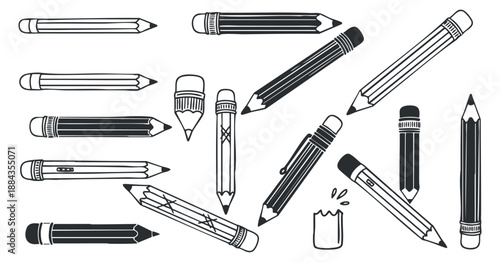 A collection of various pencil illustrations in black and white outline vector style, suitable for educational and artistic projects