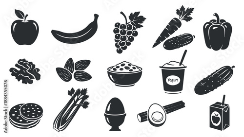 A collection of various fruits and vegetables in black and white outline vector style, perfect for healthy food branding and design