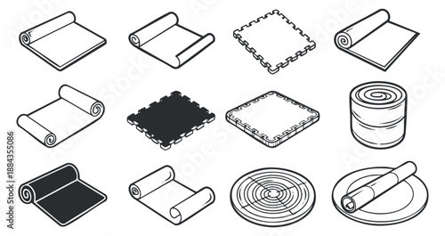 A collection of various rolled mats and surfaces in clean outline vector style, suitable for interior design and home decor projects