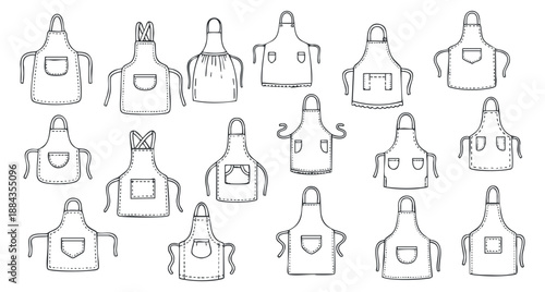 A collection of various apron designs in minimalist black and white outline vector style, suitable for kitchen and cooking themes