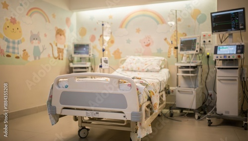 Medium shot of a pediatric recovery bay highlighting colorful wall decals and softly blurred medical equipment in the background creating a childfriendly postanesthesia