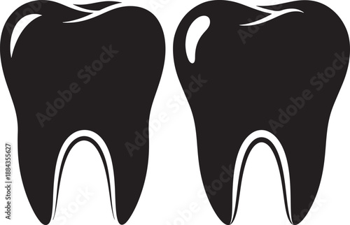 Pair of black enamel or ceramic tooth icons with roots, symbolizing dental health and oral hygiene, vector illustration.