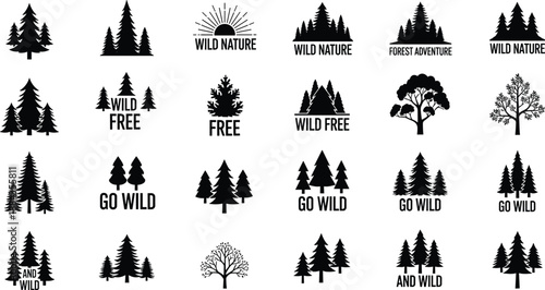 Wild nature logo and forest badge illustration set with pine trees, outdoor adventure symbols, black vector collection for camping, hiking, eco branding designs