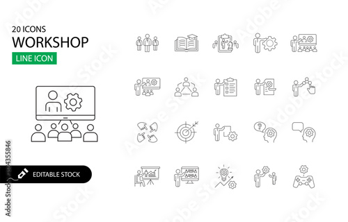 Workshop Line Icon Set – Training, Learning, Coaching, Editable Stroke Vector