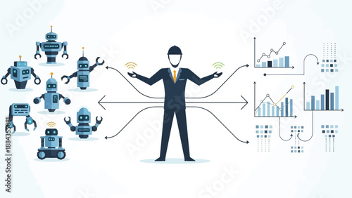 Man Orchestrating Robots and Data A Vision of Technological Integration.