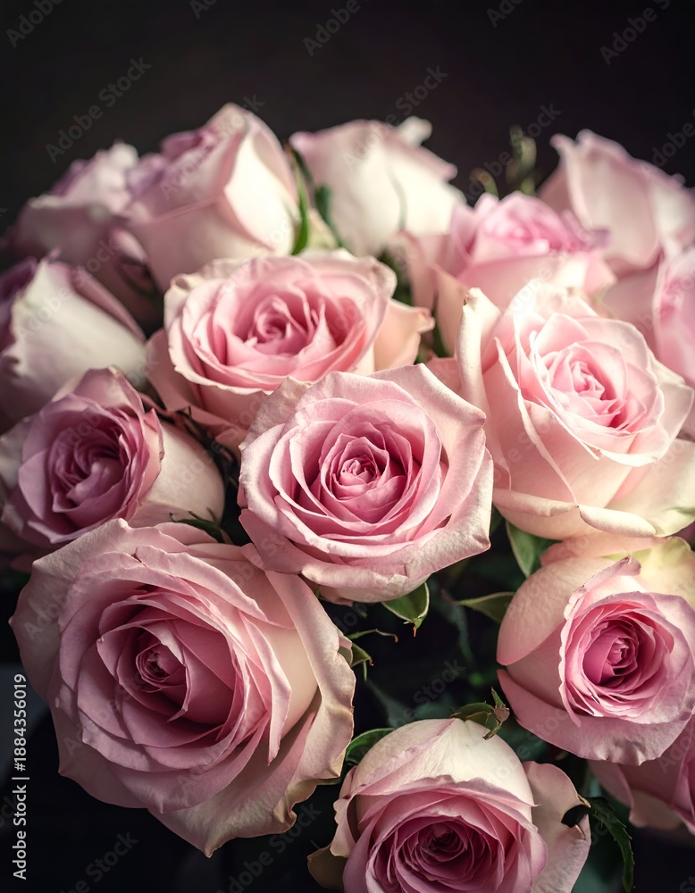 Naklejka premium A bouquet of delicate pink roses arranged elegantly, showcasing their soft petals and lush greenery