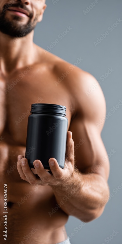 Naklejka premium Fit young caucasian male holding black protein jar in athletic pose