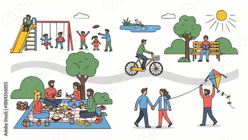 People enjoying outdoor activities in a park on a sunny day.