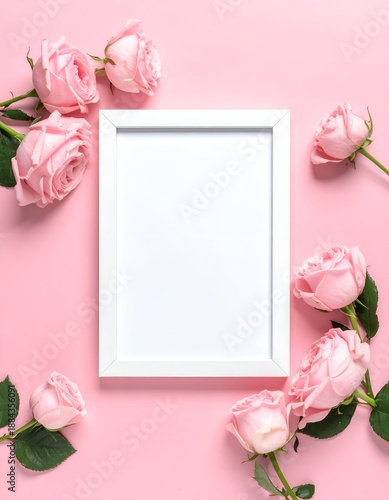 A blank white frame surrounded by soft pink roses on a pastel pink background