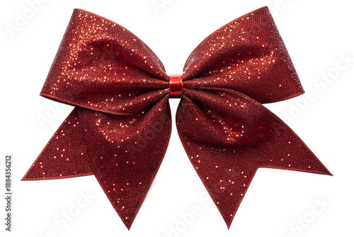 Festive red satin ribbon bow isolated on a white background, a shiny silk knot design perfect for a Christmas gift, holiday present, or Valentine decoration for a celebratory party