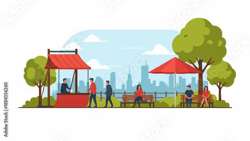 People enjoying a sunny day in a city park with a kiosk and trees.