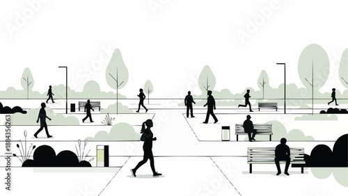 People enjoying a sunny day in a city park with trees and benches.