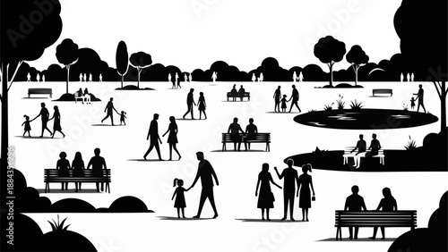 People enjoying a sunny day in a park silhouette illustration.
