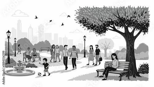 People enjoying a sunny day in a city park with trees and buildings.