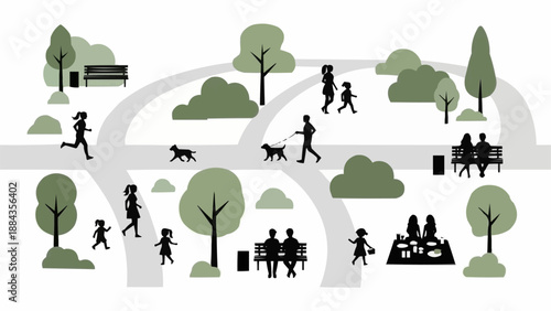 People enjoying a sunny day in a park with trees and benches.