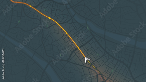 City street map with orange highlighted route and white navigation arrow cursor showing travel direction. Vector illustration.