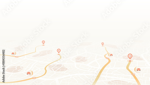 Light colored city map showing multiple vehicle locations with orange routes and red location pin markers. Vector illustration.
