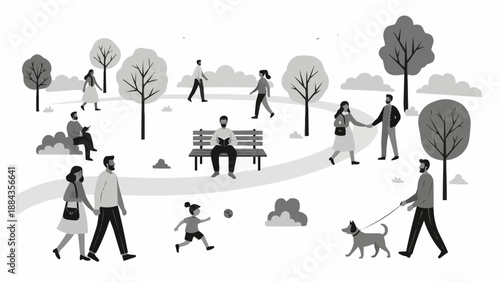 People enjoying a sunny day in a park with trees and paths.