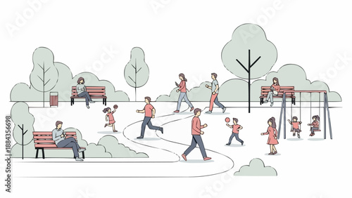 People enjoying a sunny day in a park with trees and playground.