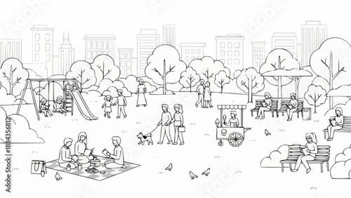 People enjoying a sunny day in a vibrant city park with playground and picnic areas.