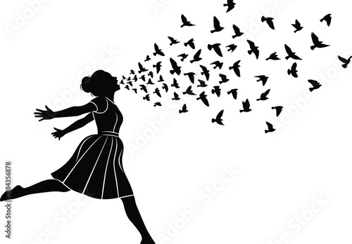 Black and White Silhouette of Dancing Woman Releasing Flying Birds Symbolizing Freedom Expression Hope and Emotional Liberation