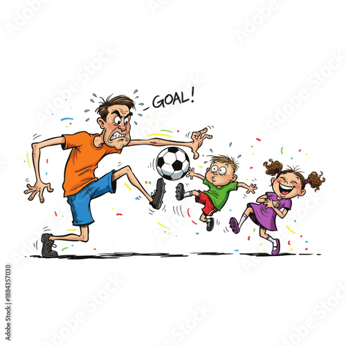 Father and children playing soccer with a goal celebration.