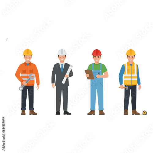 Four construction workers in different uniforms and hard hats.