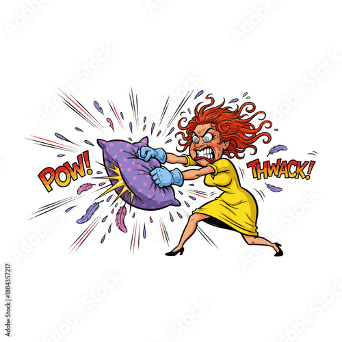 Angry Woman Cartoon Pillow Fight with Comic Book Sound Effects.