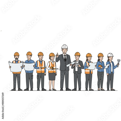 Diverse Group of Construction Workers and Engineers Standing Together.