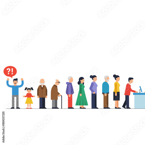 Diverse group of people waiting in line, representing different ages and genders.