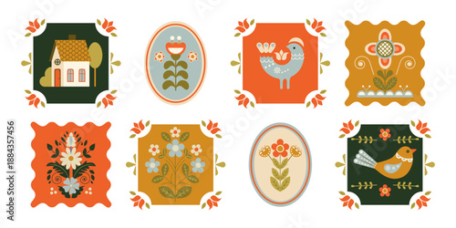 Decorative nordic folk elements set with birds, floral and geometric ornaments. Perfect for craft design and holiday decor. Ethnic vector illustration.