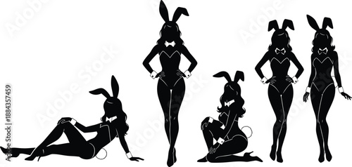 Bunny girl silhouette illustration set, female fashion characters, elegant poses, costume design, party style, vector collection
