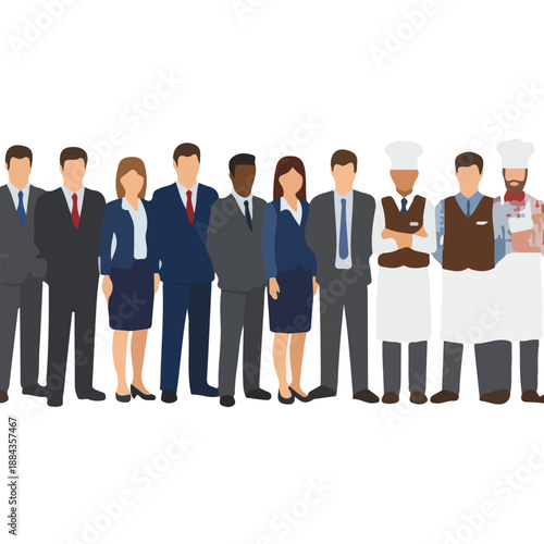 Diverse group of professionals and chefs standing together in a line.