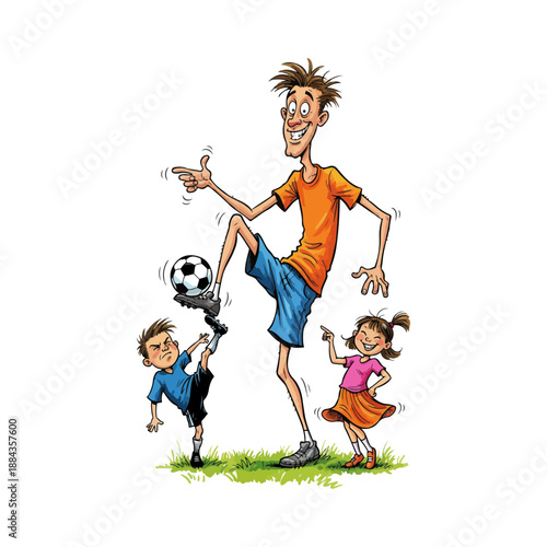Happy family playing soccer together, father and children enjoying outdoor activity.