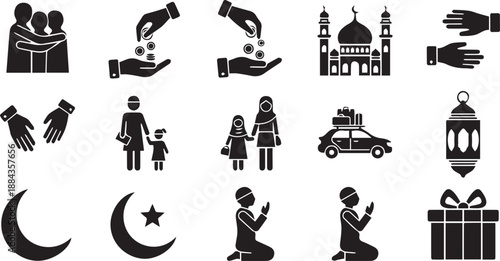 Islamic Lifestyle and Charity Icon Set Featuring Zakat Donations, Family Hugging, Traveling for Eid, and Muslim Prayer Symbols