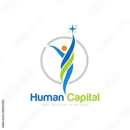 Human capital logo with abstract people figure for business education and development branding, modern professional vector design.
