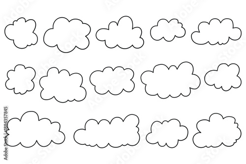 Hand-drawn doodle set of clouds on a white background.