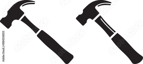 Pair of black silhouette hammers with wooden handles, simple tool icons representing construction or repair, vector art.