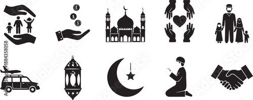 Islamic Charity and Lifestyle Icon Set Featuring Zakat Donations, Family Protection, Mosque, Traveling for Eid, and Prayer Symbols