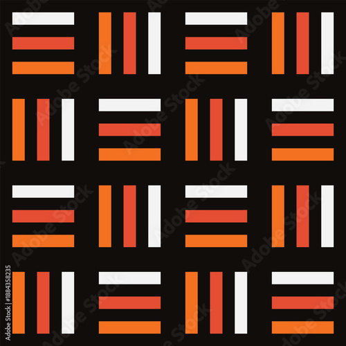 Pattern created from blocks of three parallel vertical and three horizontal orange and white rectangles on a black background