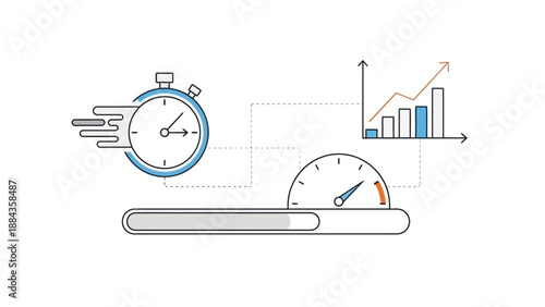Performance Metrics Visualization Stopwatch Speedometer Bar Graph and Progress Bar.