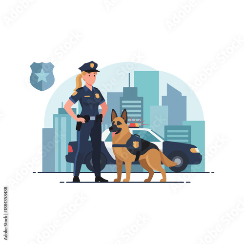 Female police officer and K9 dog partner standing together.