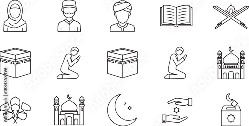 Islamic Religious Life Line Icon Set Featuring Muslim Avatars, Kaaba, Prayer, Quran, Mosque, and Charity Box Symbols
