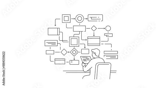 Person Analyzing a Complex Flowchart on a Tablet Device.