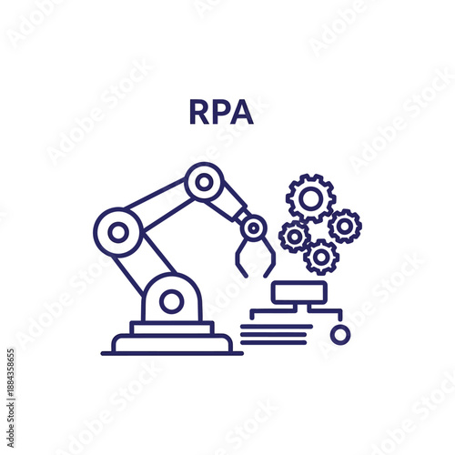 Robotic arm illustration demonstrating RPA technology with gears and documents in a simple graphic style